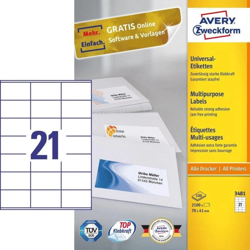 Avery 3481 samolepiace etikety obdĺžnikové permanentné biele 2100 kusov