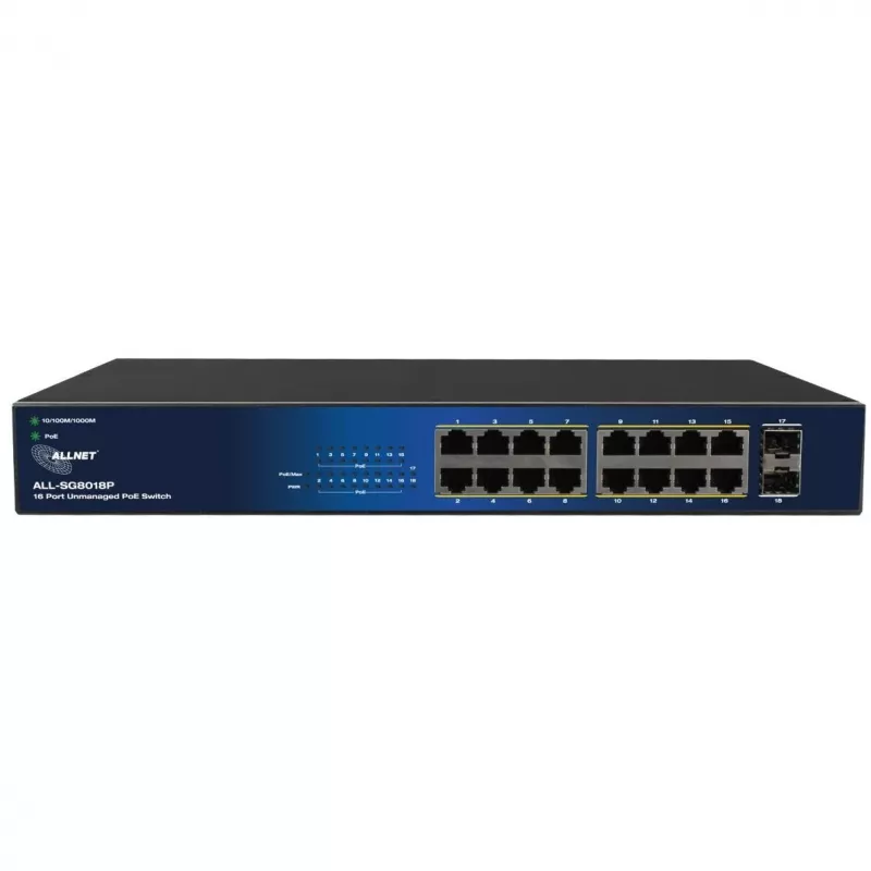 ALLNET 18-portový Gigabit PoE switch ALL-SG8018P — 16 PoE portov + 2 uplink, Gigabit Ethernet