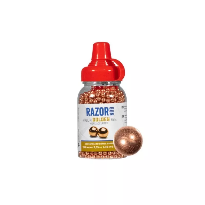 Guľôčky RazorGun 4,46 mm oceľové BB, medený povrch, 1500 ks, plastový dávkovač