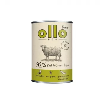 Mokré krmivo pre psov OLLO Pure hovädzie a zelené držky 400 g konzerva — adult, proteín 14,5 %, tuk 11,9 %, vlhkosť 69 %