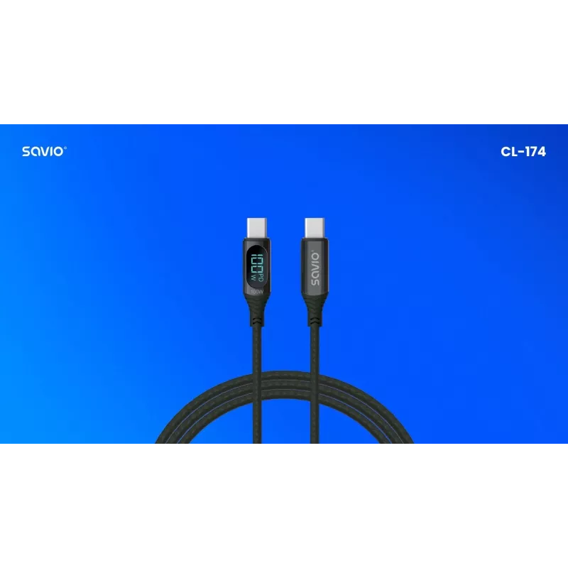 Savio CL-174 kábel USB-C na USB-C, 100 W, Power Delivery/Quick Charge, digitálny displej, 1 m, zelený