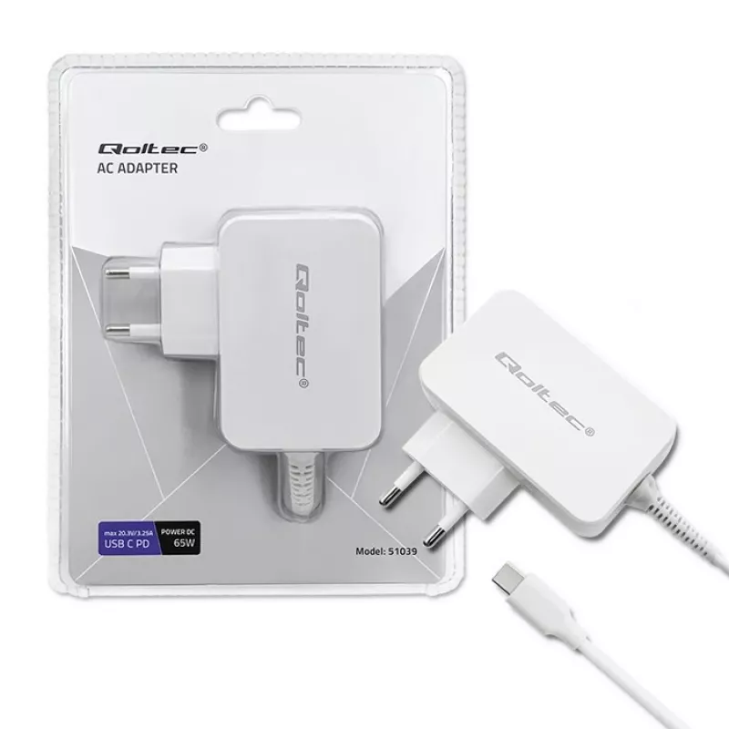 Qoltec 51039 napájací adaptér 65 W USB-C PD, 5–20,3 V, 2–3,25 A, vstavaný kábel USB-C, biely