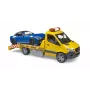 Bruder MB Sprinter autotransportér so svetelným a zvukovým modulom, oranžový/modrý, vrátane roadstera