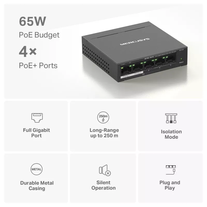 Mercusys 5-portový Gigabit desktop switch so 4-portovým PoE+