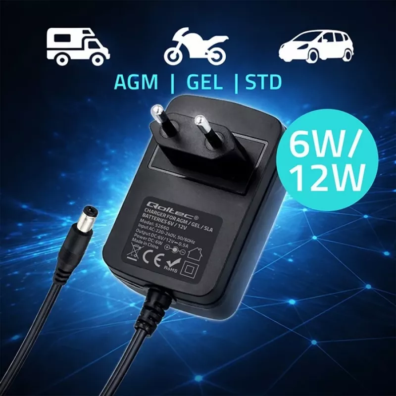 Nabíjačka batérií QOLTEC Model 52660 — 6V/12V, 6W nabíjačka