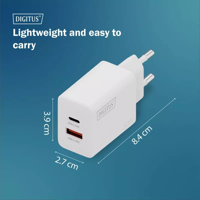 AC Indoor USB GaN nabíjačka DIGITUS DA-10301 — 30W, 1× USB-C, 1× USB-A, 100–240V, biela