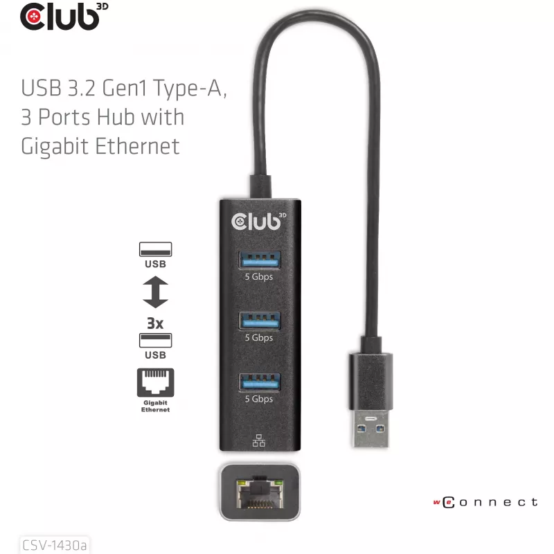 USB hub CLUB3D USB 3.2 Gen1 Type-A s 3 portami a Gigabit Ethernet