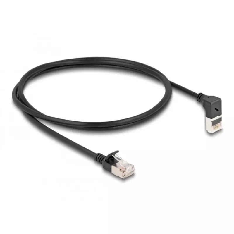 DeLOCK RJ45 sieťový kábel Cat.6A S/FTP tenký 90° ohnutý nahor 1 m čierny
