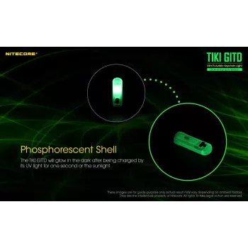 Prívesková baterka Nitecore TIKI GITD sivá — USB nabíjateľná, 1 lm, 55 mm, 12 g, IP66