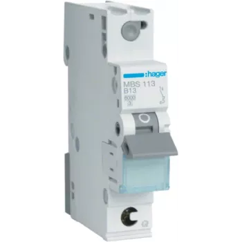 Hager MBS113. Menovitý prúd: 13 A, sieťová frekvencia: 50/60 Hz. Typ: B, maximálny počet modulov: 1 modul. Šírka: 17,5 mm, hĺbka: 70 mm, výška: 83,4 mm (MBS113)