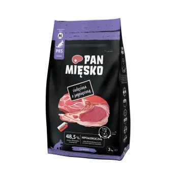 Suché krmivo pre psov Pan Miesko Teľacie s jahňacím, 3 kg — dospelé psy, bielkoviny 23 %, tuky 15 %, vlhkosť 9 %