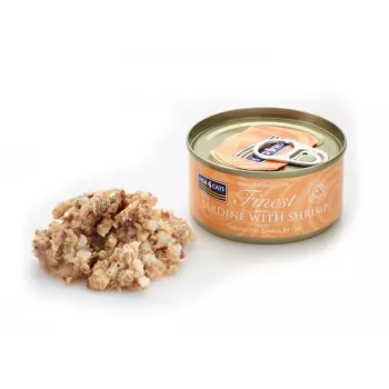 Mokré krmivo pre mačky FISH4DOGS sardinka s krevety 70 g — kompletné krmivo v konzerve pre dospelé mačky, rybia príchuť