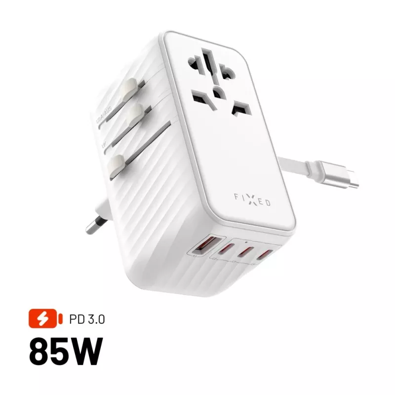 Fixed | Voyager 85W cestovný adaptér pre EÚ, UK a USA/AUS, so 4xUSB-C a 1xUSB výstupom | adaptér