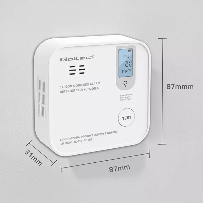 Senzor oxidu uhoľnatého QOLTEC 52577 — alarm na batérie, hladina zvuku 85 dB