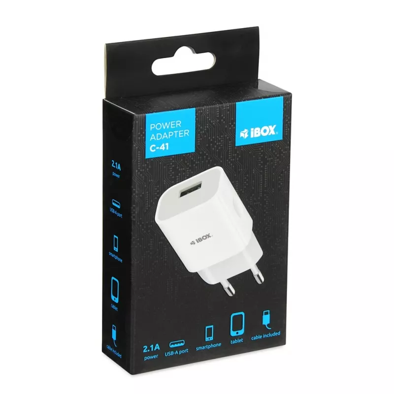Power charger iBOX C-41 USB 2A, 1 USB port, microUSB kábel, biela