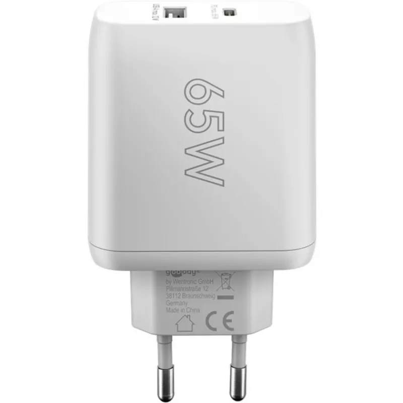 USB-C duálna rýchlonabíjačka, PD, GaN, 65 wattov (biela, 1x USB-C, 1x USB-A, Power Delivery)