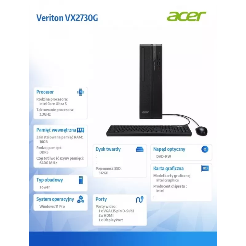 Desktop PC Acer Veriton VX2730G U5 225 s 16 GB RAM a 512 GB SSD, Windows 11 Pro