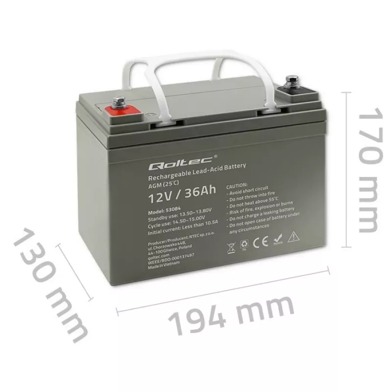 Zapečatená AGM-USV batéria QOLTEC 53084 12V 36Ah LongLife