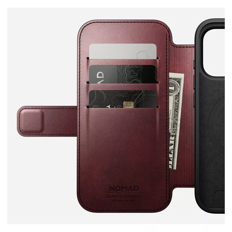 Puzdro na telefón Nomad Modern Leather Folio pre Apple iPhone 17 Pro, 6,3 palcov (16 cm), koža bordová