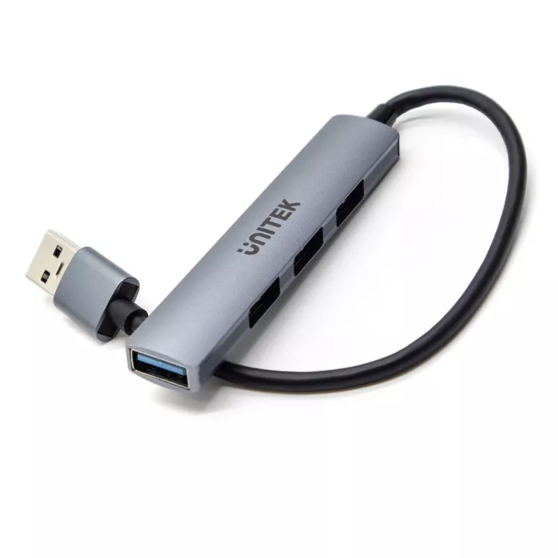 Unitek H1208A USB-A rozbočovač, 4 porty (1x USB-A 5 Gbps, 3x USB-A 2.0), hliník, strieborný