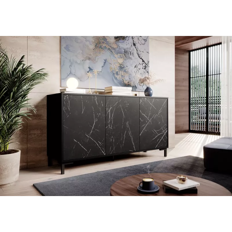 MARMO 3D komoda 150x45x80.5 cm matná čierna/mramor čierna