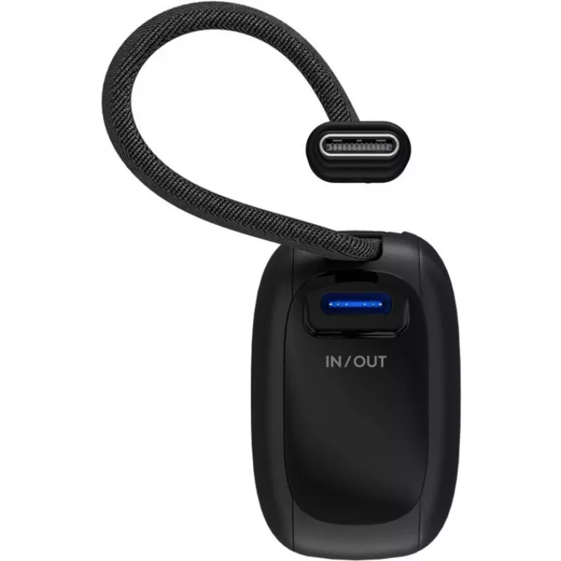 Goobay powerbanka 5000 mAh 20 W, integrovaný kábel USB-C 13 cm, 1x USB-A, 1x USB-C, PD, QC, čierna