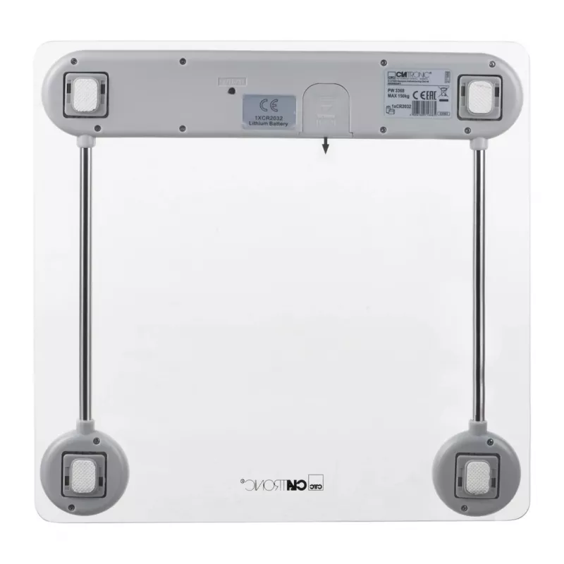 Elektronická osobná váha CLATRONIC PW 3368 — max. 150 kg, presnosť 100 g, sklenená plošina