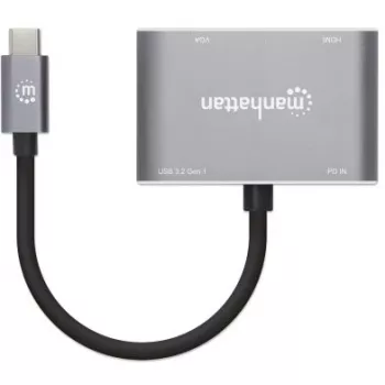 Manhattan USB-C dokovacia stanica/hub, porty (x4): HDMI, USB-A, USB-C a VGA, s Power Delivery (PD) 87W – vyžaduje sa externá USB-C nabíjačka (nie je súčasťou balenia). USB napájaný (nie je potrebný externý napájací zdroj), keď sa PD nepoužíva, hliník