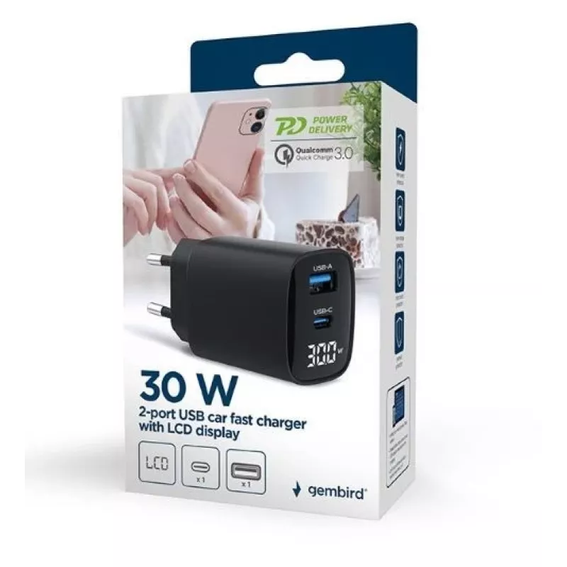 Mobilná nabíjačka Gembird TA-UC-PDQC30LCD-BK-01 rýchle nabíjanie čierna