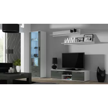 TV stojan cama meble SOHO 140 — 1400×430×370 mm, biela vrchná doska, drevotrieska, biely rám, biela/sivá lesklá