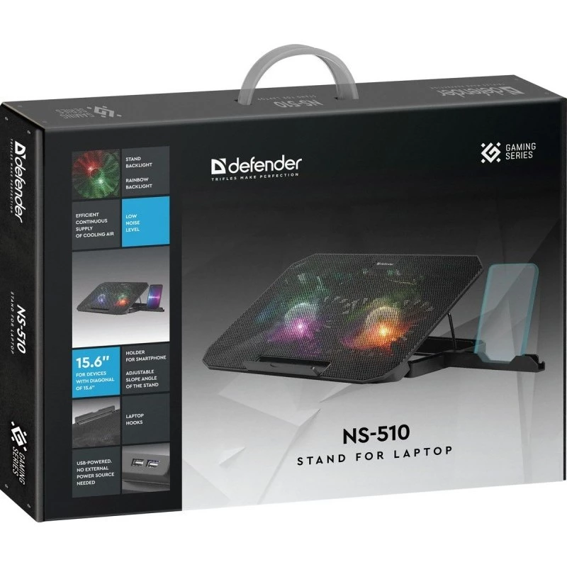 Chladiaci podložka pod notebook DEFENDER NS-510 s 2 ventilátormi, 2×USB portami a RGB osvetlením
