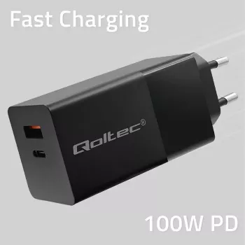Qoltec 52382 GaN POWER PRO nabíjačka | 1xUSB Type C | 1xUSB A | 100W | 5-20V | 1.5-5A | PD | čierna
