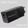 Qoltec 52382 GaN POWER PRO nabíjačka | 1xUSB Type C | 1xUSB A | 100W | 5-20V | 1.5-5A | PD | čierna