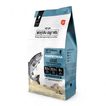 Suché krmivo pre mačky wiejskazagroda Monoprotein losos Adult 3 kg - bez obilnín, jednodruhová bielkovina, 38 % bielkovín, 20 % tuku