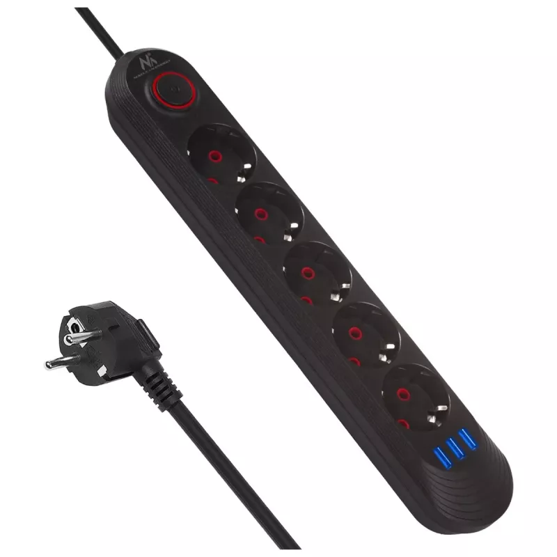 Predlžovacia zásuvka MACLEAN MCE395 B — 5 zásuviek, 3×USB, 110–240V AC, 2,1A USB, 2500W, 1,5 m kábel, čierna