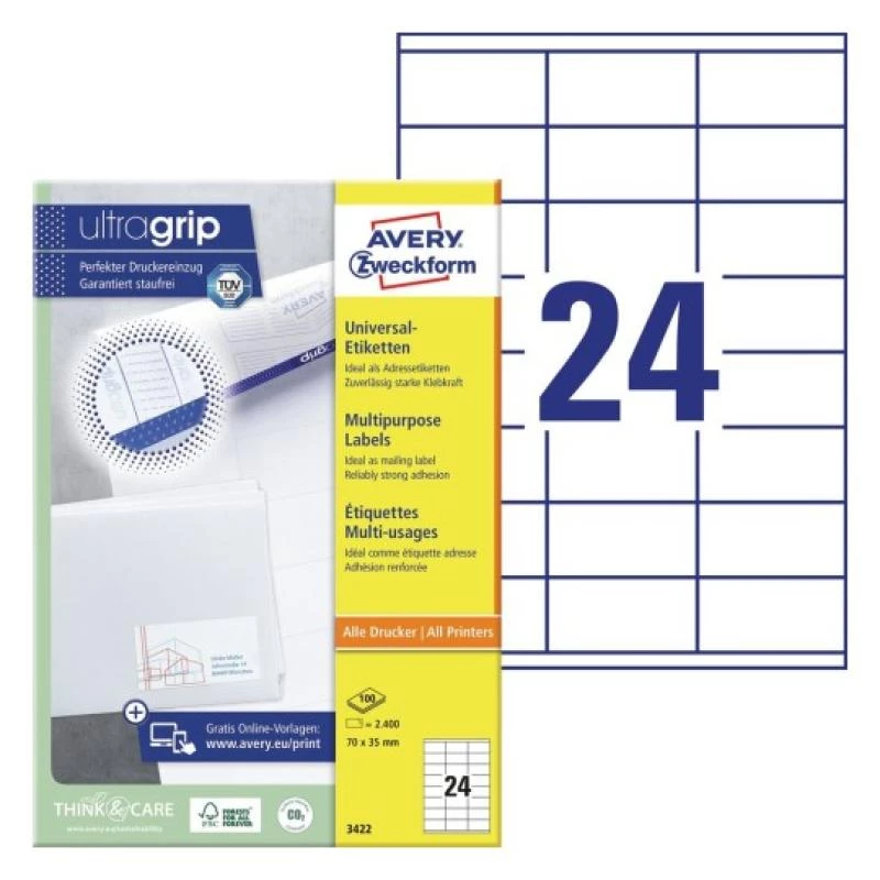 Univerzálne etikety 70x35mm InkjetLaserCopy A4 100 listov 2400 ks biele