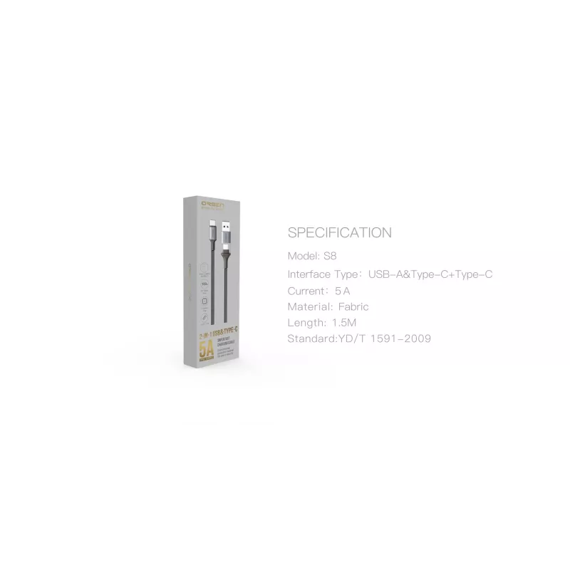 USB Type-C 2-in-1 kábel Orsen S8, 5A, 1,5 m (rýchle nabíjanie/prenos dát)