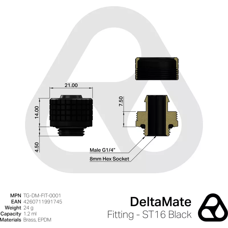 Thermal Grizzly DeltaMate ST16 Fitting vodného chladenia, Čierny