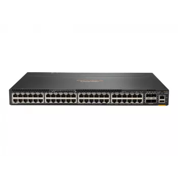 HPE - Aruba 6300M - switch - L3 - managed - 48 x 10/100/1000 (1 PoE+) + 4 x 1 Gigabit / 10 Gigabit / 25 Gigabit / 50 Gigabit SFP56 (uplink / stacking) predná a bočná k zadnej strane