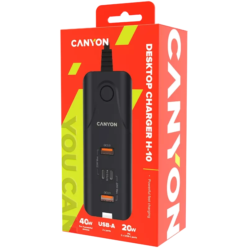 CANYON nabíjačka H-10 PD 20W QC 3.0 18W 2USB-A 2USB-C stolová čierna