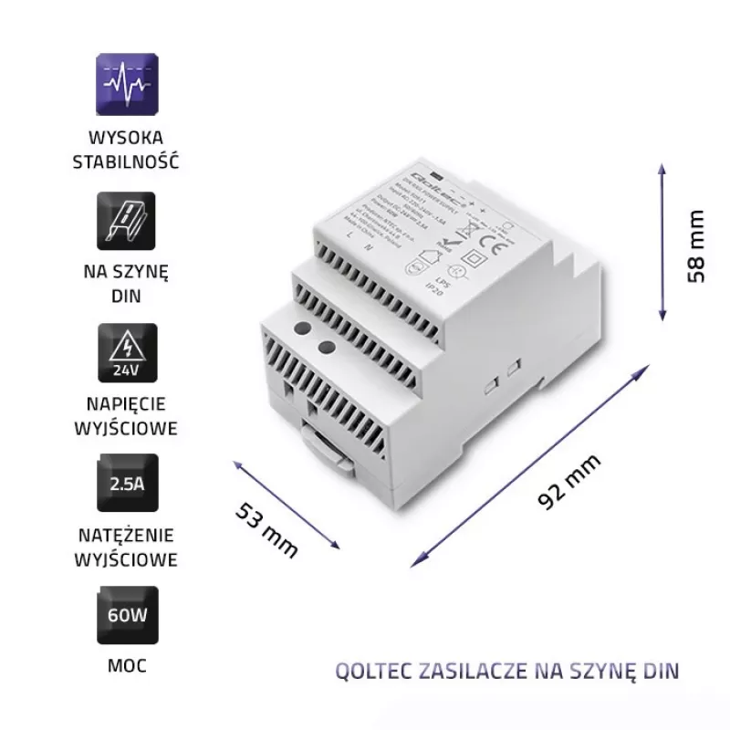 Napájací zdroj na lištu QOLTEC 24V 2.5A 60W sivý