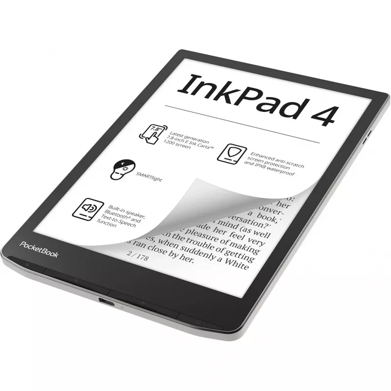 PocketBook InkPad 4 - 19,8 cm (7.8) - E Ink Carta - 1404 x 1872 pixelov - ACSM - AZW - AZW3 - CBR - CBZ - CHM - DOC - DOCX - DjVu - EPUB - EPUB DRM - FB2 - FB2.ZIP - HTM - HTML - MOB