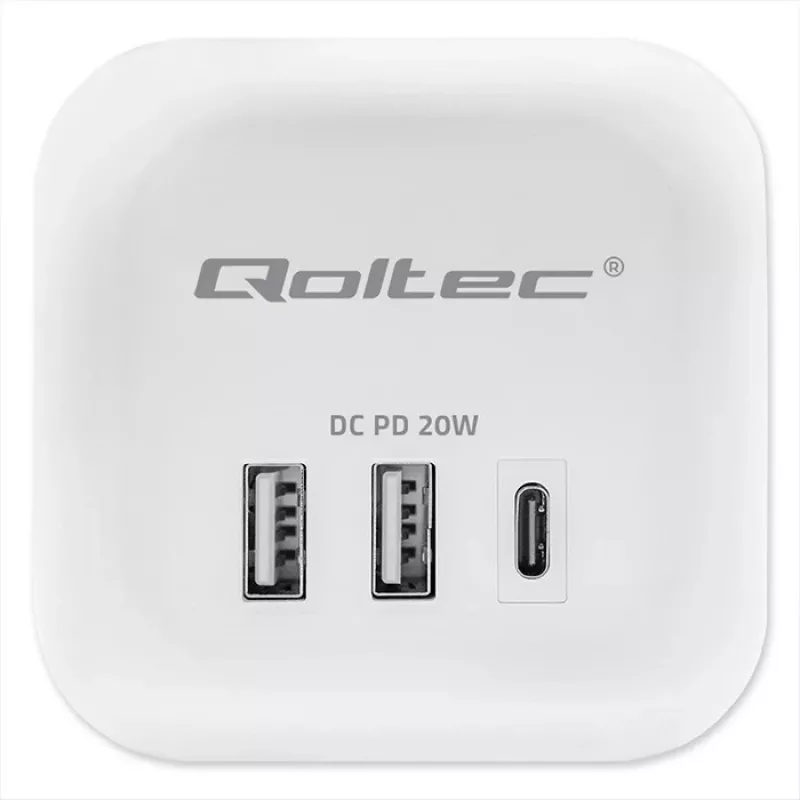 Predlžovacia zásuvka QOLTEC 52548 s 3× AC zásuvkami a USB portom