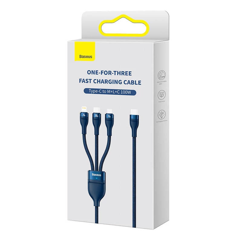 3in1 USB kábel Baseus Flash Series 2, USB-C + Micro-USB + Lightning, 100 W, 1,5 m (modrý)