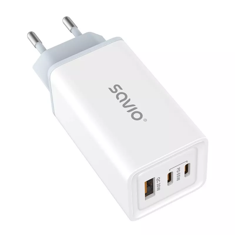 SAVIO LA-07 GaN 65W napájací zdroj, USB, QC4.0+, PD 3.0, biely