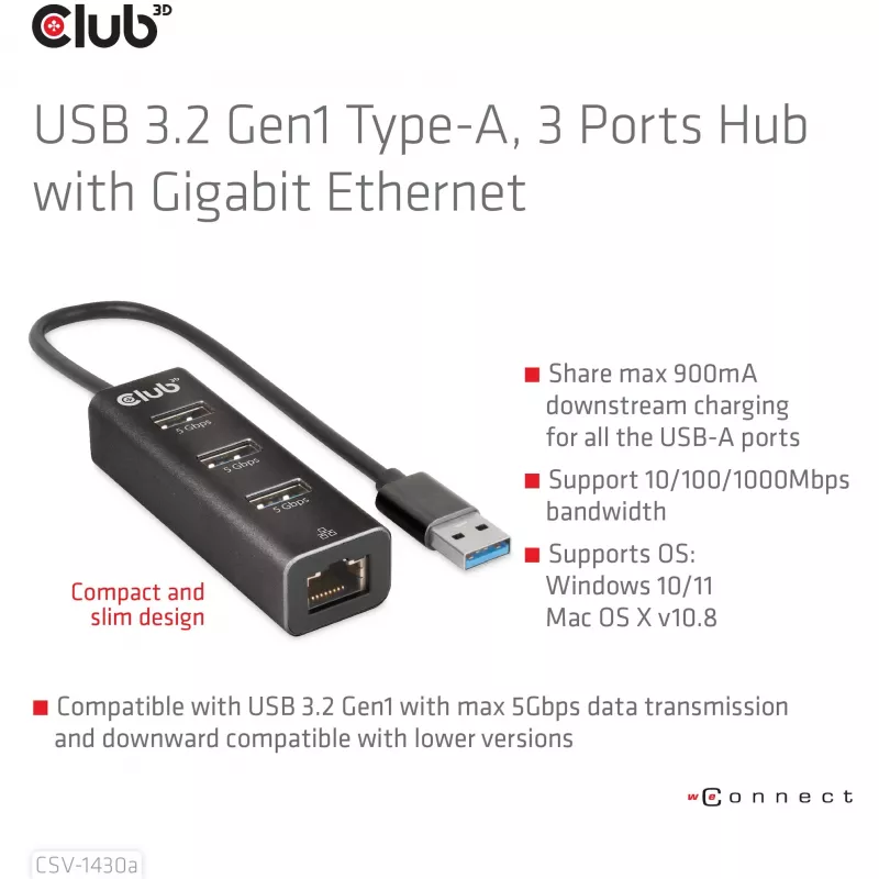 USB hub CLUB3D USB 3.2 Gen1 Type-A s 3 portami a Gigabit Ethernet