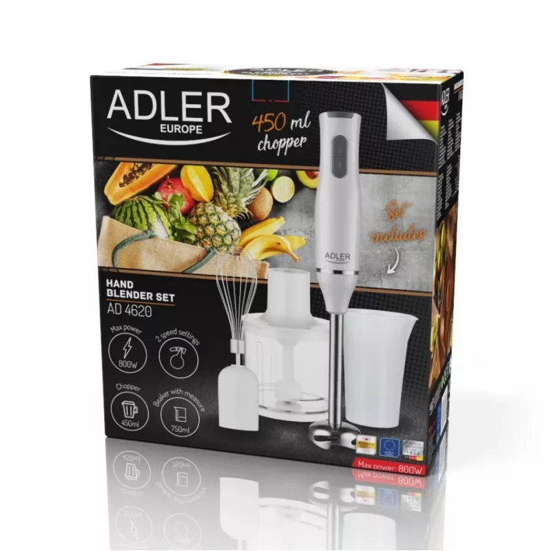 Adler AD 4620 súprava ručného mixéra, 800 W, 2 rýchlosti, sekáčik 450 ml, nádoba 750 ml, metla, biely