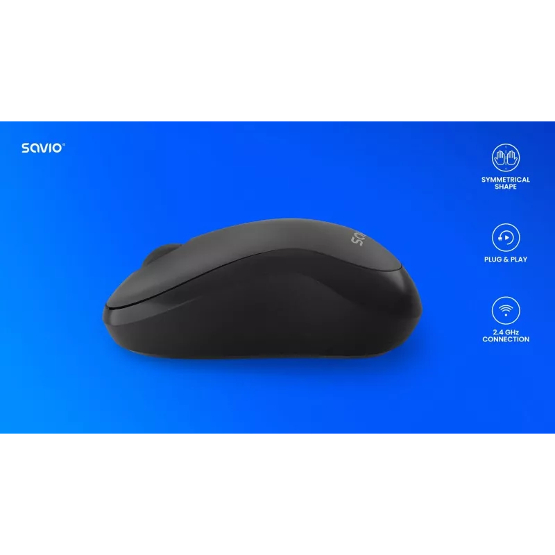 Savio MB-03 bezdrôtová optická myš, USB prijímač 2,4 GHz, 1000 DPI, 3 tlačidlá, batéria AA, 99x60x39 mm, 51 g, čierna