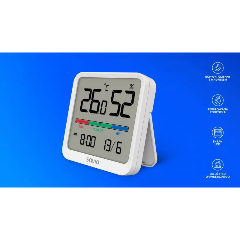 Senzor teploty a vlhkosti interiéru SAVIO CT-01/W, LCD displej, -10–55 °C, 10–99 % rF, batéria CR2032