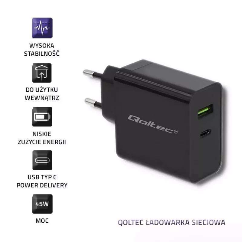 Napájací zdroj QOLTEC 51717 45W 20V 3A AC nabíjačka do interiéru pre smart hodinky, čierna